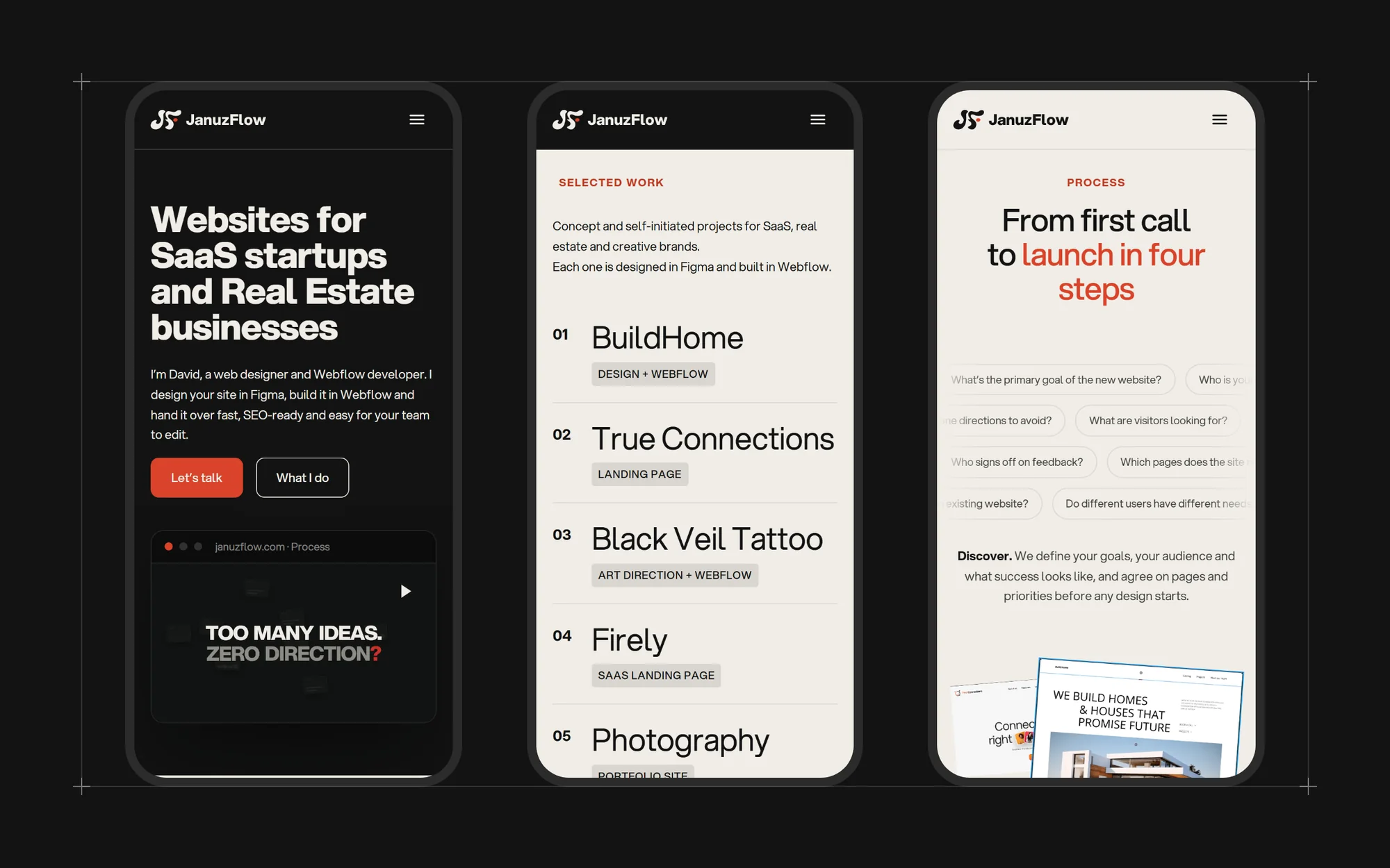 JanuzFlow site on mobile: hero, selected work and process