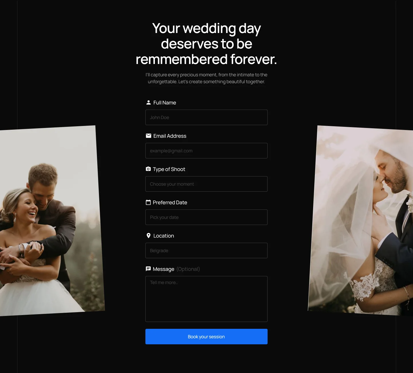 Booking form framed by wedding photos